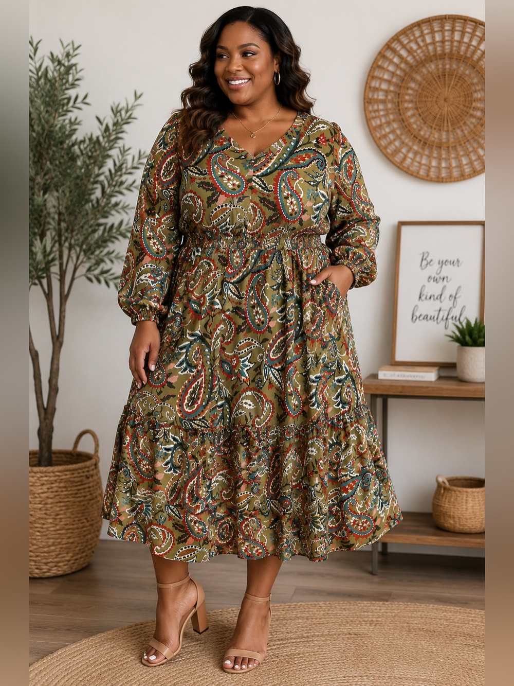 BOHO Women’s Olive Paisley Tiered Midi Dress
